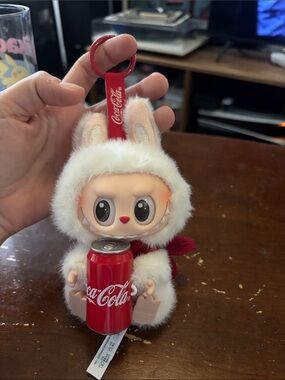 White Plush Bunny Keychain with Red Scarf and Ring